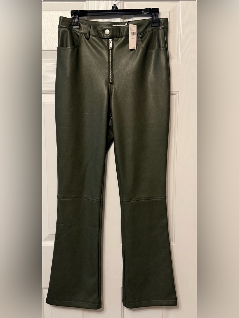 Anthropologie Olive Green Faux Leather Flare Jeans